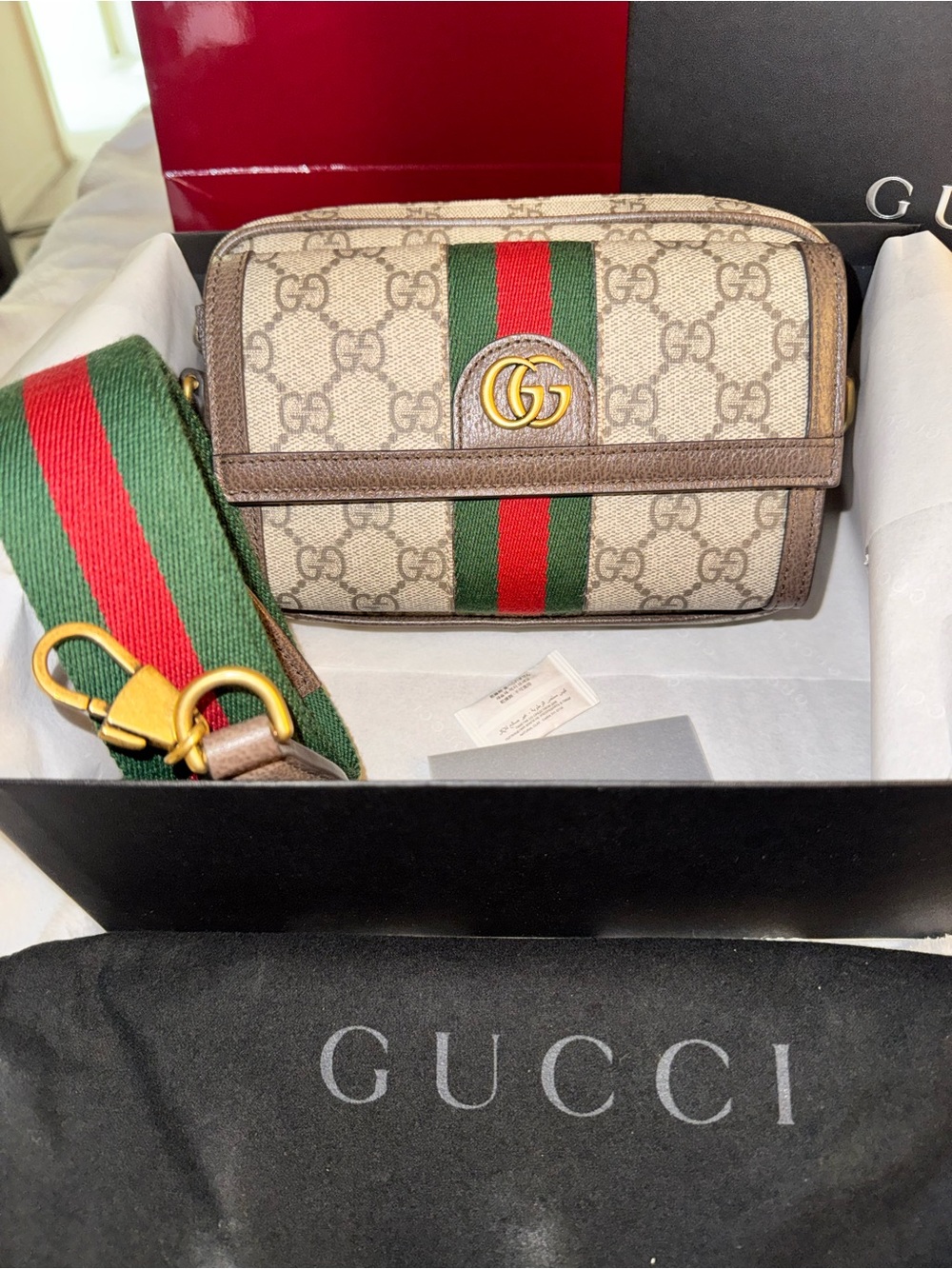 Gucci Brown GG Supreme Card Holder with Green and Red Web Stripe
